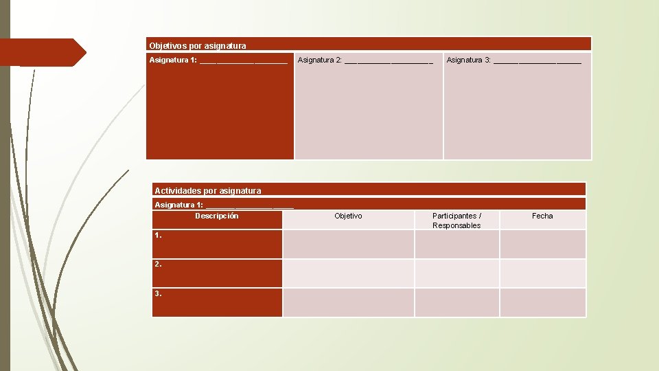 Objetivos por asignatura Asignatura 1: ___________ Asignatura 2: ___________ Asignatura 3: ___________ Actividades por