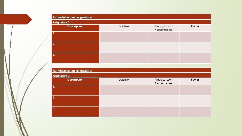 Actividades por asignatura Asignatura 2: ___________ Descripción 1. 2. 3. Objetivo Participantes / Responsables