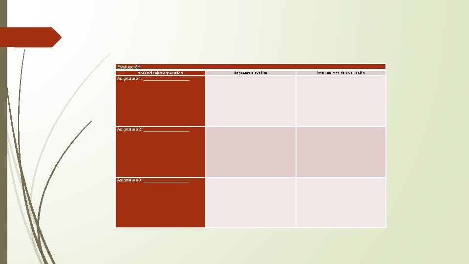 Evaluación Aprendizajes esperados Asignatura 1: ___________ Aspectos a evaluar Instrumentos de evaluación Asignatura 2: