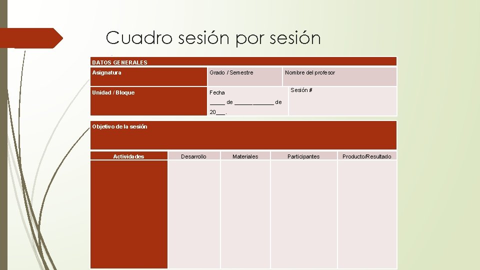 Cuadro sesión por sesión DATOS GENERALES Asignatura Grado / Semestre Nombre del profesor Unidad