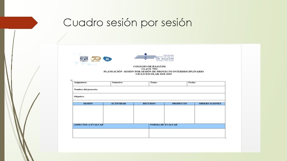 Cuadro sesión por sesión 