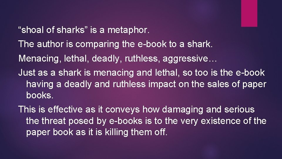 “shoal of sharks” is a metaphor. The author is comparing the e-book to a