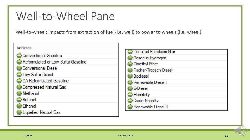 Well-to-Wheel Pane Well-to-wheel: Impacts from extraction of fuel (i. e. well) to power to