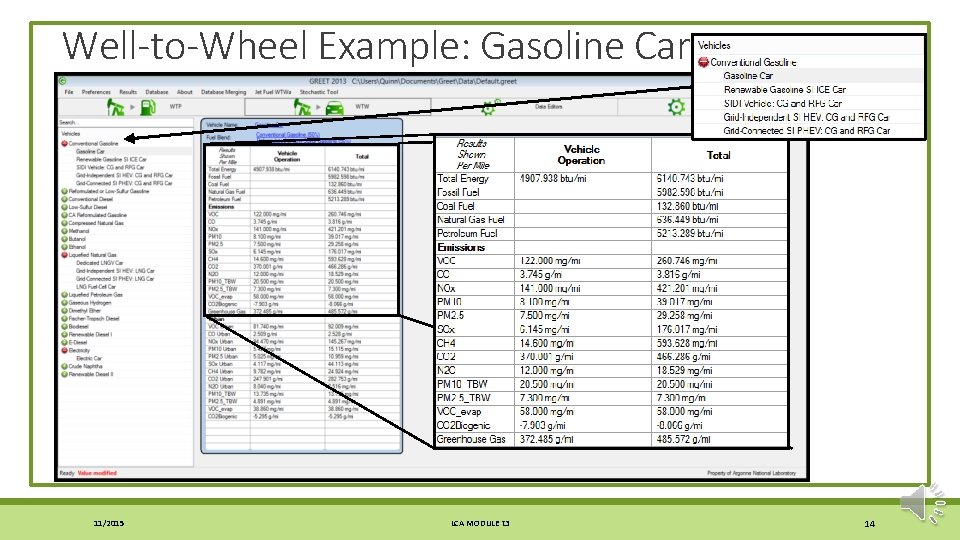 Well-to-Wheel Example: Gasoline Car 11/2015 LCA MODULE τ3 14 