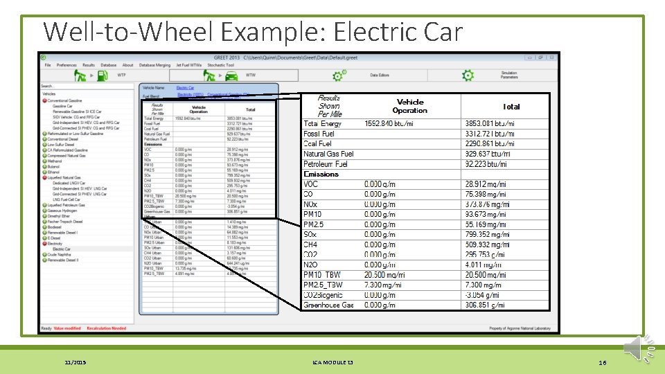 Well-to-Wheel Example: Electric Car 11/2015 LCA MODULE τ3 16 