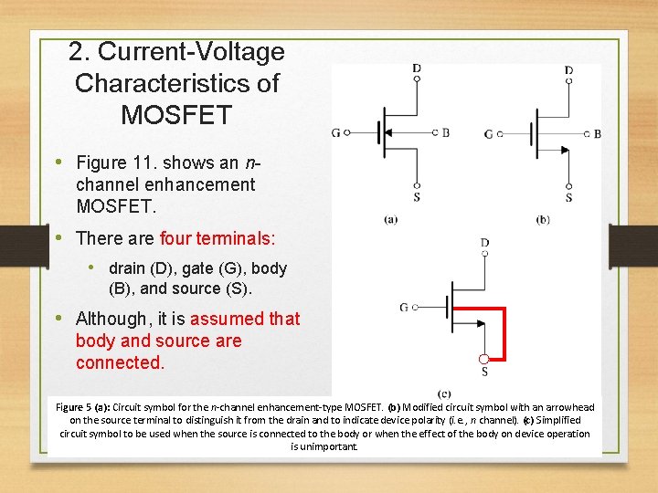 2. Current-Voltage Characteristics of MOSFET • Figure 11. shows an nchannel enhancement MOSFET. •