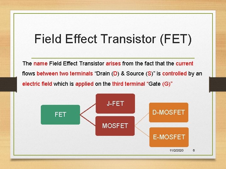 Field Effect Transistor (FET) The name Field Effect Transistor arises from the fact that