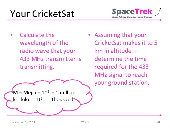 Your Cricket. Sat • Calculate the wavelength of the radio wave that your 433