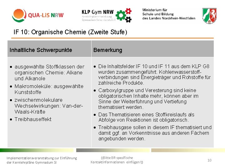 IF 10: Organische Chemie (Zweite Stufe) • Inhaltliche Schwerpunkte ausgewählte Stoffklassen der organischen Chemie: