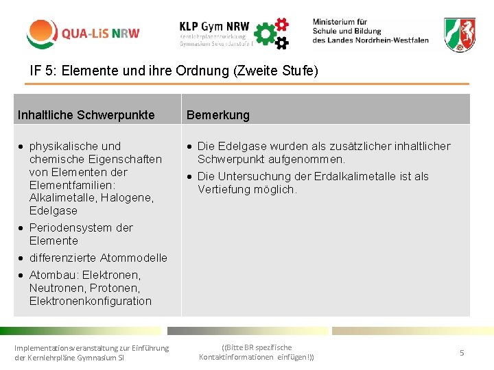 IF 5: Elemente und ihre Ordnung (Zweite Stufe) • Inhaltliche Schwerpunkte Bemerkung physikalische und