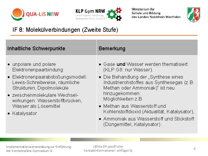 IF 8: Molekülverbindungen (Zweite Stufe) • Inhaltliche Schwerpunkte Bemerkung unpolare und polare Elektronenpaarbindung Elektronenpaarabstoßungsmodell: