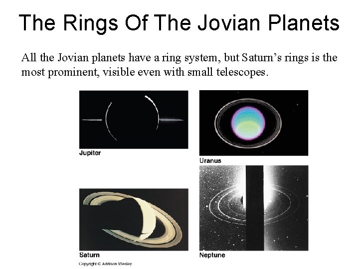 The Rings Of The Jovian Planets All the Jovian planets have a ring system,