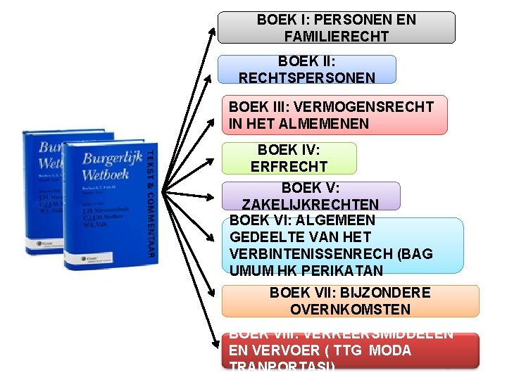 BOEK I: PERSONEN EN FAMILIERECHT BOEK II: RECHTSPERSONEN BOEK III: VERMOGENSRECHT IN HET ALMEMENEN