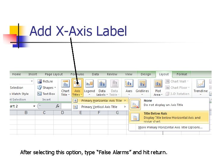 Add X-Axis Label After selecting this option, type “False Alarms” and hit return. 