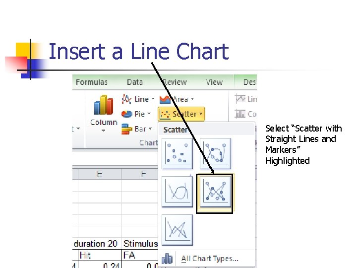 Insert a Line Chart Select “Scatter with Straight Lines and Markers” Highlighted 