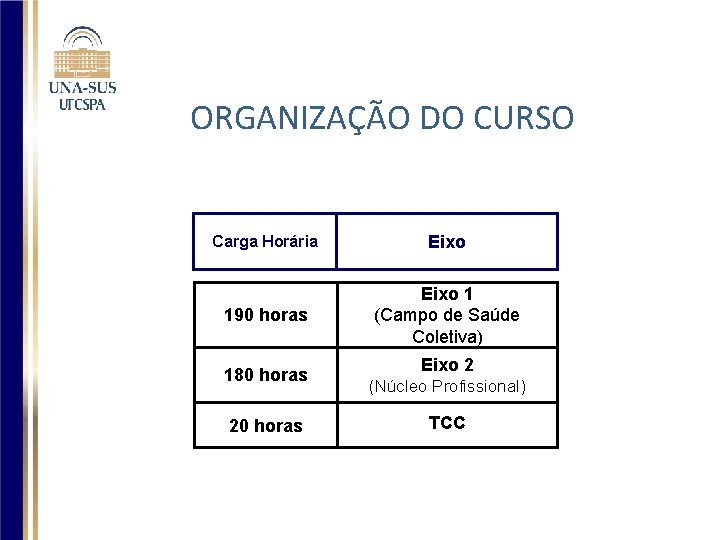 ORGANIZAÇÃO DO CURSO Carga Horária Eixo 190 horas Eixo 1 (Campo de Saúde Coletiva)