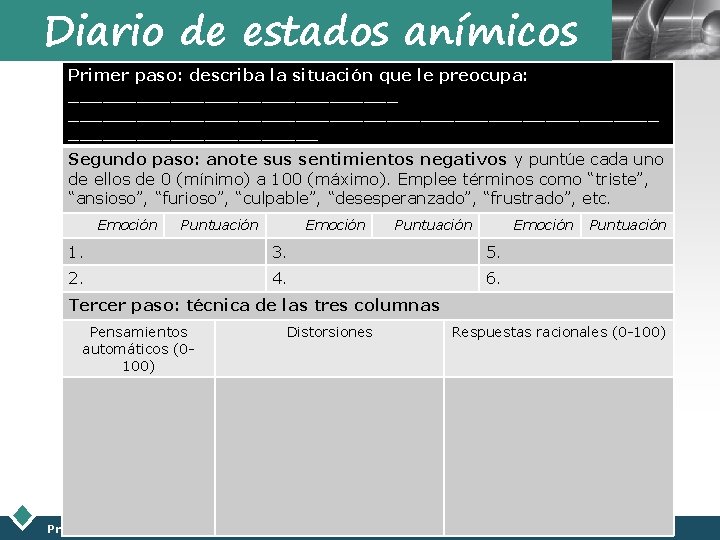 Diario de estados anímicos LOGO Primer paso: describa la situación que le preocupa: _________________________________________