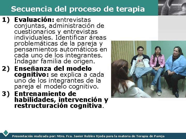 Secuencia del proceso de terapia 1) Evaluación: entrevistas conjuntas, administración de cuestionarios y entrevistas