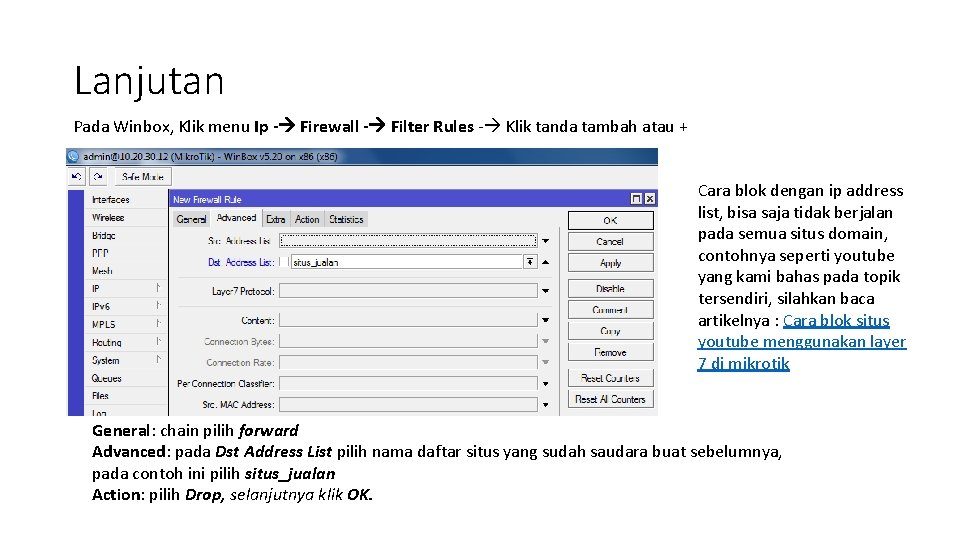 Lanjutan Pada Winbox, Klik menu Ip - Firewall - Filter Rules - Klik tanda