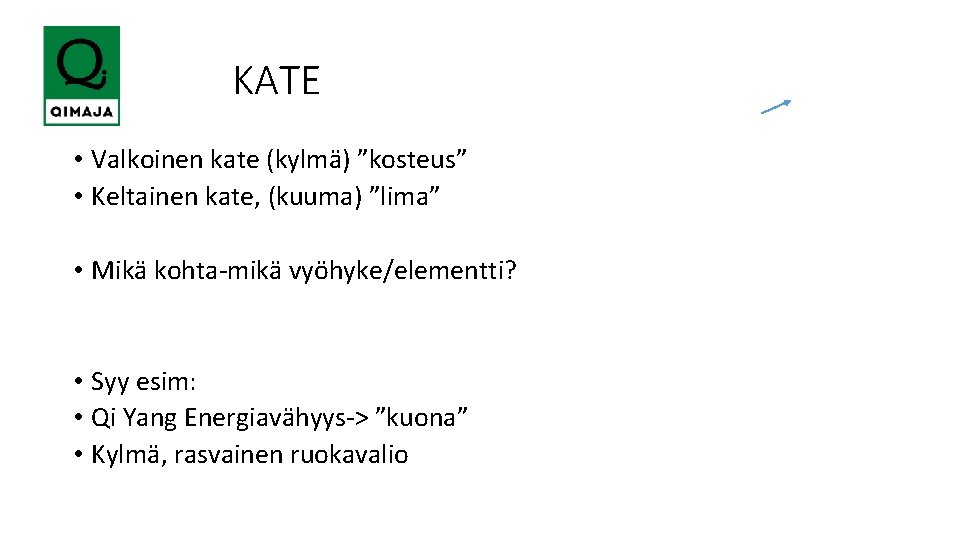  KATE • Valkoinen kate (kylmä) ”kosteus” • Keltainen kate, (kuuma) ”lima” • Mikä