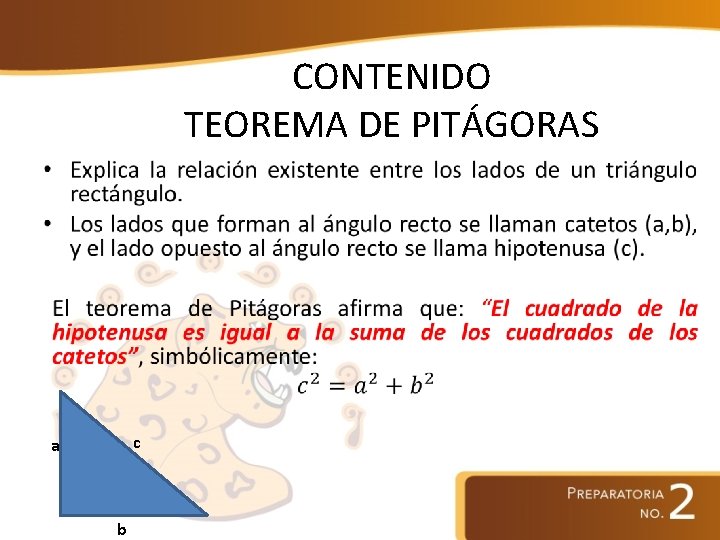 CONTENIDO TEOREMA DE PITÁGORAS c a b 