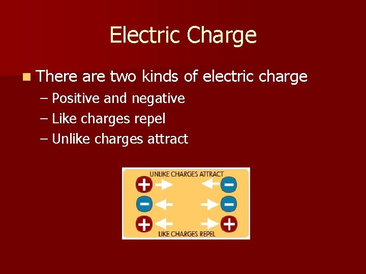 Electric Charge n There are two kinds of electric charge – Positive and negative