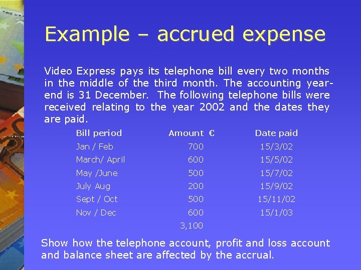 Example – accrued expense Video Express pays its telephone bill every two months in Example – accrued expense Video Express pays its telephone bill every two months in