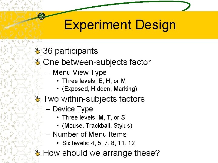 Experiment Design 36 participants One between-subjects factor – Menu View Type • Three levels: