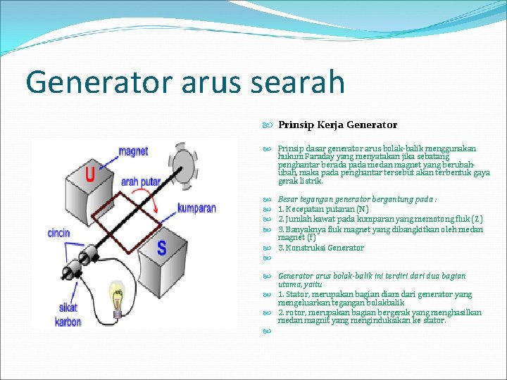 Generator arus searah Prinsip Kerja Generator Prinsip dasar generator arus bolak-balik menggunakan hukum Faraday