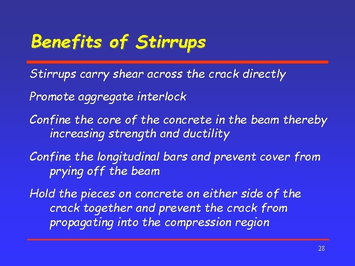 Benefits of Stirrups carry shear across the crack directly Promote aggregate interlock Confine the