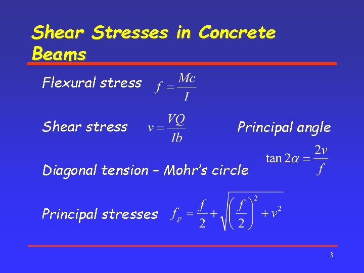 Shear Stresses in Concrete Beams Flexural stress Shear stress Principal angle Diagonal tension –