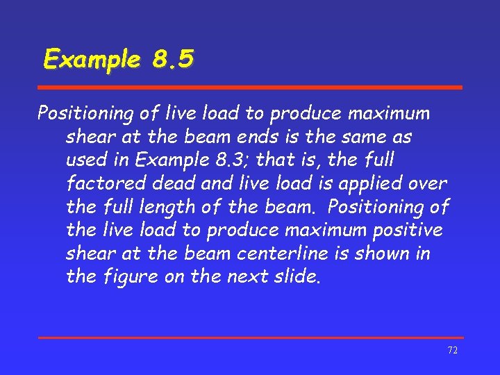 Example 8. 5 Positioning of live load to produce maximum shear at the beam
