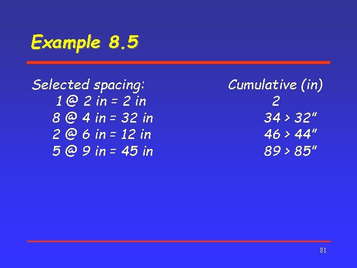 Example 8. 5 Selected spacing: 1 @ 2 in = 2 in 8 @