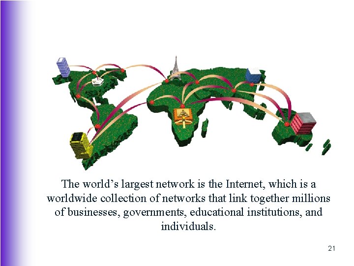 The world’s largest network is the Internet, which is a worldwide collection of networks