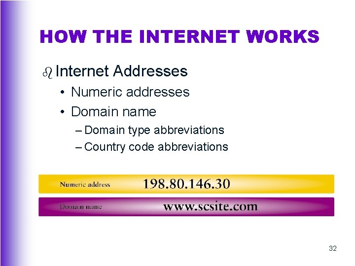 HOW THE INTERNET WORKS b Internet Addresses • Numeric addresses • Domain name –