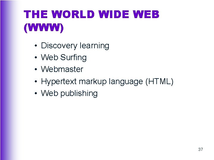 THE WORLD WIDE WEB (WWW) • • • Discovery learning Web Surfing Webmaster Hypertext