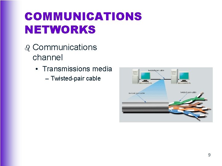 COMMUNICATIONS NETWORKS b Communications channel • Transmissions media – Twisted-pair cable 9 