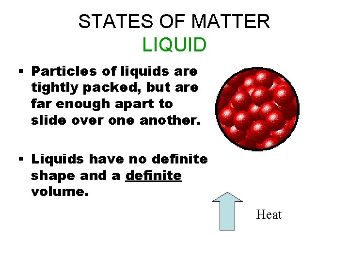 STATES OF MATTER LIQUID § Particles of liquids are tightly packed, but are far