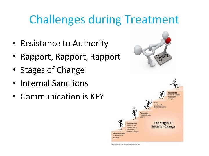 Challenges during Treatment • • • Resistance to Authority Rapport, Rapport Stages of Change