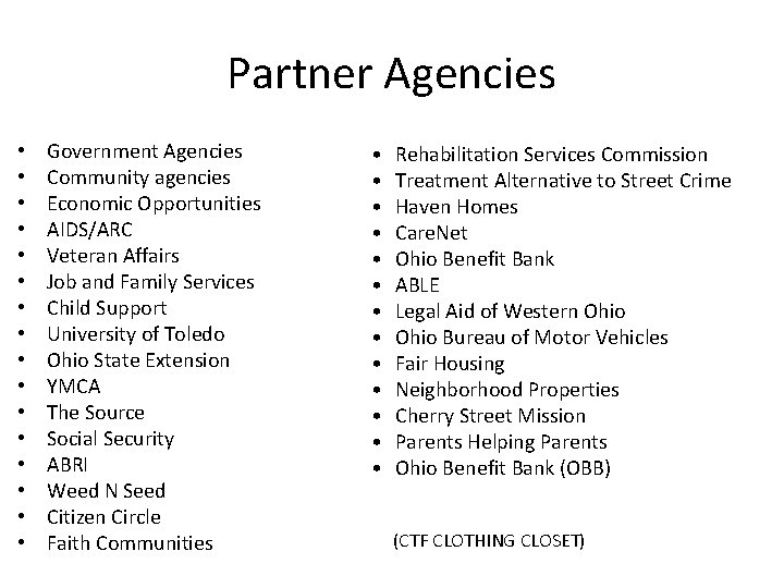 Partner Agencies • • • • Government Agencies Community agencies Economic Opportunities AIDS/ARC Veteran