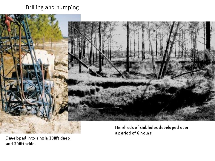 Drilling and pumping Developed into a hole 300 ft deep and 300 ft wide