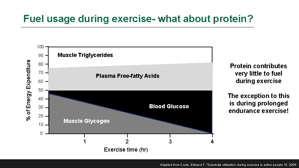 Fuel usage during exercise- what about protein? 100 % of Energy Expenditure 90 Muscle