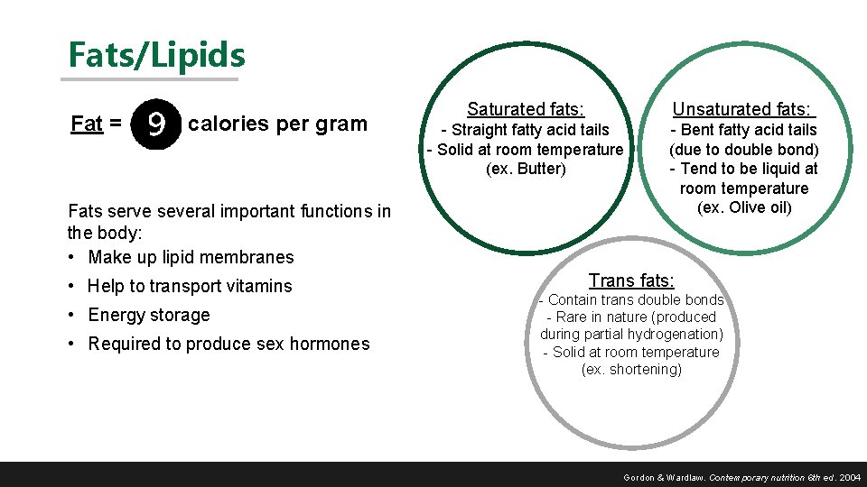 Fats/Lipids Fat = calories per gram Fats serve several important functions in the body: