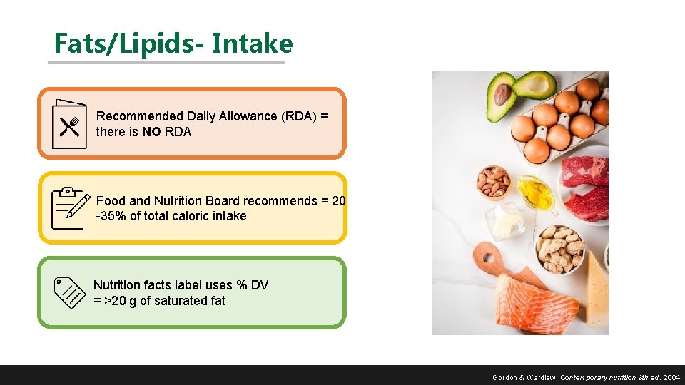 Fats/Lipids- Intake Recommended Daily Allowance (RDA) = there is NO RDA Food and Nutrition