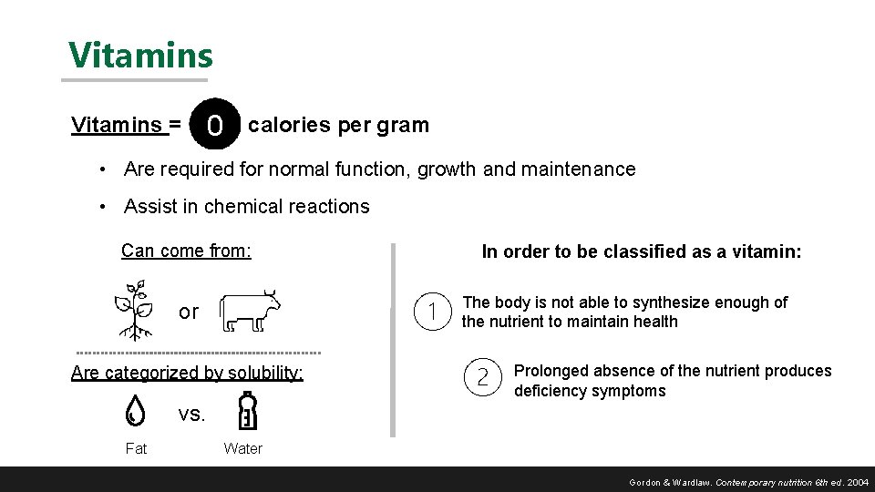 Vitamins = calories per gram 0 • Are required for normal function, growth and