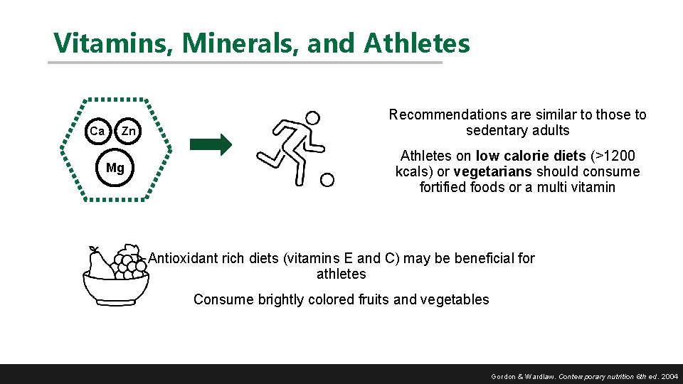 Vitamins, Minerals, and Athletes Ca Zn Mg Recommendations are similar to those to sedentary