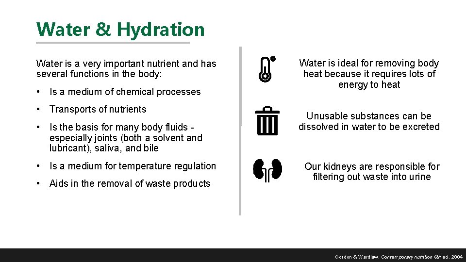Water & Hydration Water is a very important nutrient and has several functions in