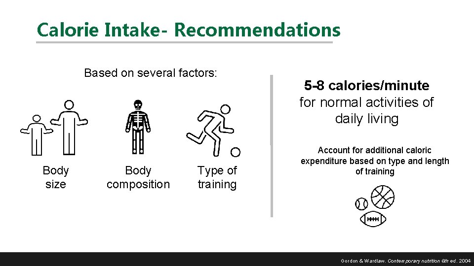 Calorie Intake- Recommendations Based on several factors: Body size Body composition Type of training