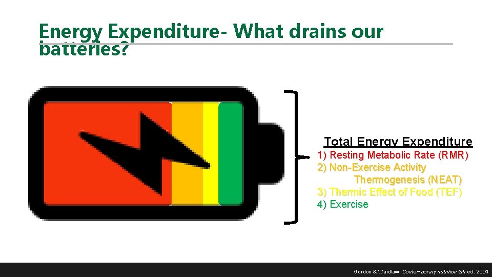 Energy Expenditure- What drains our batteries? Total Energy Expenditure 1) Resting Metabolic Rate (RMR)