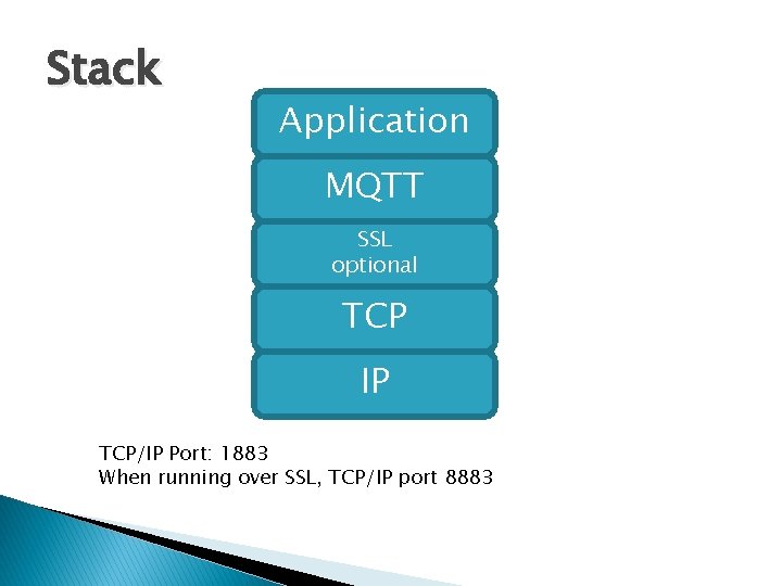 Stack Application MQTT SSL optional TCP IP TCP/IP Port: 1883 When running over SSL,